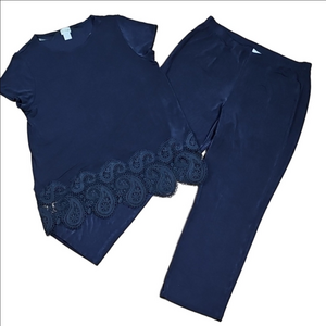 Chico's Travelers Navy Blue Cap Sleeve Lace Trim Top & No Tummy Pant Coord Set